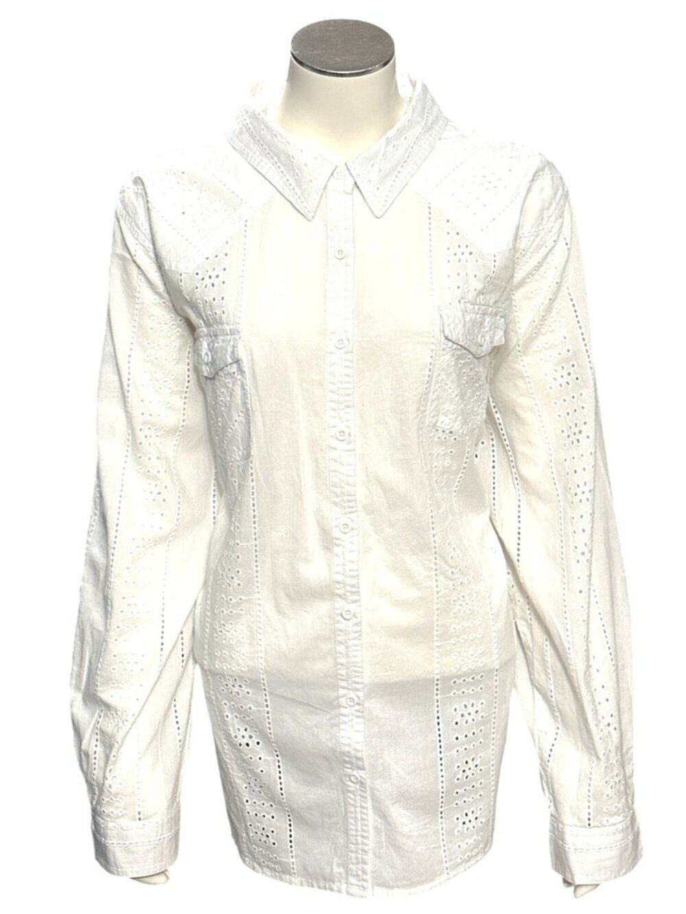 White Eyelet Button Down Collared Long Sleeve Shirt Blouse Size Not Listed Casua